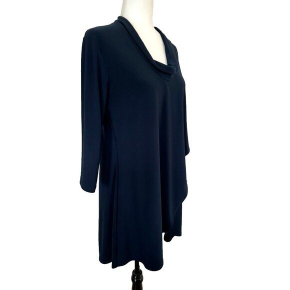 SYMPLI Tunic Blouse Top Size 10 Navy Blue Stretchy Jersey Knit Draped Pocket - Picture 4 of 7